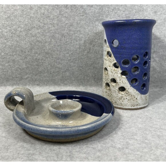 Pottery Candlestick Holder With Luminary Votive Shade Stoneware Blue Glaze 2 Pc - Picture 2 of 14